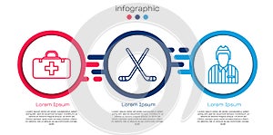Set line First aid kit, Ice hockey sticks and Hockey judge, referee, arbiter. Business infographic template. Vector