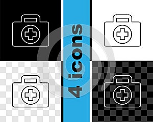 Set line First aid kit icon isolated on black and white, transparent background. Medical box with cross. Medical