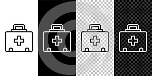 Set line First aid kit icon isolated on black and white, transparent background. Medical box with cross. Medical