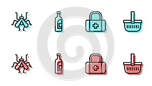 Set line First aid kit, Mosquito, Bottle of wine and Picnic basket icon. Vector