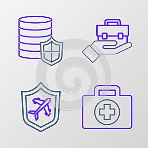 Set line First aid kit, Plane with shield, Hand holding briefcase and Money icon. Vector