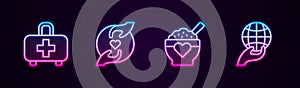 Set line First aid kit, Pleasant relationship, Donation food and Hand holding Earth globe. Glowing neon icon. Vector