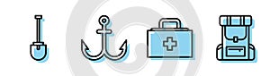 Set line First aid kit, Shovel, Anchor and Hiking backpack icon. Vector