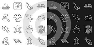 Set line Fish, Canned fish, Fishing boat, harpoon, Stingray, Served plate, and Shark icon. Vector