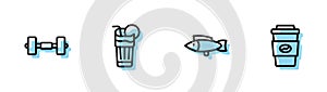 Set line Fish, Dumbbell, Fresh smoothie and Coffee cup to go icon. Vector