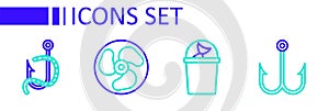 Set line Fish, Fisherman hat, Outboard boat motor and Fishing hook and worm icon. Vector