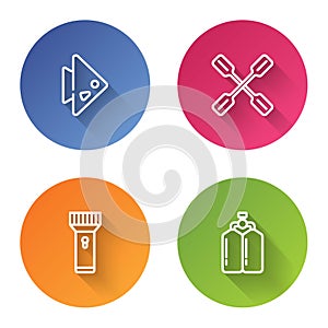 Set line Fish, Paddle, Flashlight and Aqualung. Color circle button. Vector