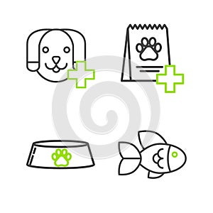 Set line Fish, Pet food bowl for cat or dog, Bag of and Veterinary clinic symbol icon. Vector
