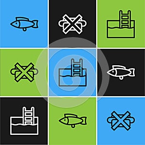 Set line Fish, Swimming pool with ladder and No junk food icon. Vector