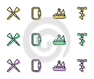 Set line Fisherman in boat, Crossed oars or paddles, Carabiner and Hand ice drill icon. Vector
