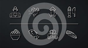 Set line Fisherman, Caviar, with sliced pieces, Sushi on cutting board, Tropical fish, steak and Octopus icon. Vector