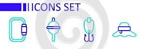 Set line Fisherman hat, Fishing lure, float and Carabiner icon. Vector