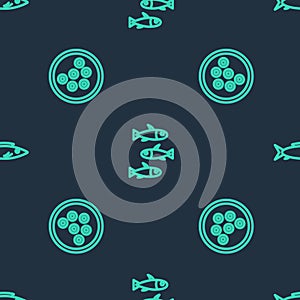 Set line Fishes, Caviar on a plate and on seamless pattern. Vector