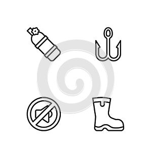 Set line Fishing boots, Speaker mute, Aqualung and hook icon. Vector