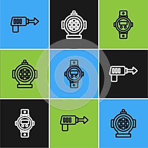 Set line Fishing harpoon, Diving watch and Aqualung icon. Vector