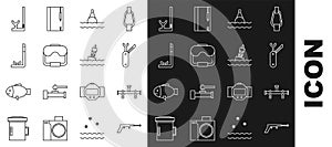 Set line Fishing harpoon, Manifold, Swiss army knife, Floating buoy the sea, Diving mask, Snorkel, and icon. Vector