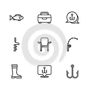 Set line Fishing hook, rod, Camping folding chair, Case or box for fishing equipment and Hand ice drill icon. Vector
