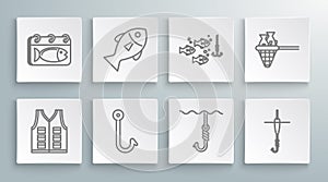 Set line Fishing jacket, hook, under water, and float, with fish, net and Calendar icon. Vector