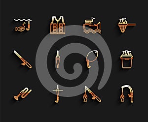 Set line Fishing line with hook and float, under water fish, rod, bucket fishes and spoon icon. Vector