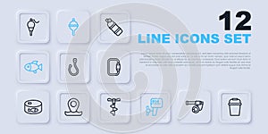 Set line Fishing rod, bucket, hook, Outboard boat motor, Location fishing, float and Hand ice drill icon. Vector