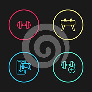 Set line Fitness app, Dumbbell, Pommel horse and icon. Vector