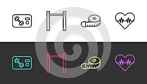 Set line Fitness club, gym card, Horizontal bar, Tape measure and Heart rate on black and white. Vector