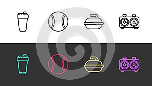 Set line Fitness shaker, Tennis ball, Stone for curling sport game and Time chess clock on black and white. Vector