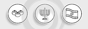 Set line Flag of Israel, Jewish sweet bakery and Hanukkah menorah icon. Vector