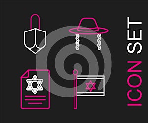 Set line Flag of Israel, Torah scroll, Orthodox jewish hat and Hanukkah dreidel icon. Vector