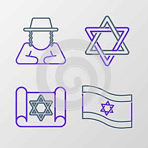 Set line Flag of Israel, Torah scroll, Star David and Orthodox jewish hat icon. Vector