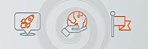 Set line Flag, Rocket ship and Hand holding Earth globe icon. Vector