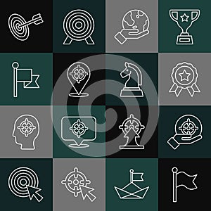 Set line Flag, Target, Medal, Hand holding Earth globe, and Chess icon. Vector