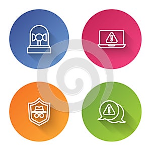 Set line Flasher siren, Laptop with exclamation mark, Incognito mode and Exclamation in triangle. Color circle button