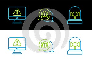 Set line Flasher siren, Monitor with exclamation mark and System bug icon. Vector