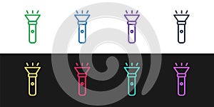 Set line Flashlight icon isolated on black and white background. Vector