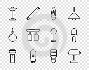 Set line Flashlight, Table lamp, Light bulb, emitting diode, Floor, Led track lights and lamps, LED and icon. Vector