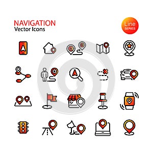 Set of line flat navigation icons. Map location, pin, destination, GPS, mobile phone, distance marker, traffic light. Vector on