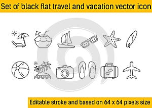 Set of line flat travel and vacation vector icons. Palm tree, sailing ship, beach ball, camera, surfing board, sunglasses icon