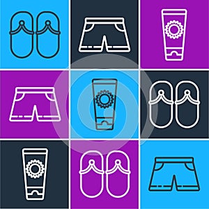 Set line Flip flops, Sunscreen cream in tube and Swimming trunks icon. Vector