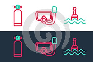 Set line Floating buoy, Aqualung and Diving mask with snorkel icon. Vector