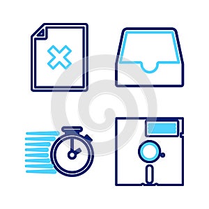 Set line Floppy disk in the 5.25-inch, Stopwatch, Social media inbox and Delete file document icon. Vector
