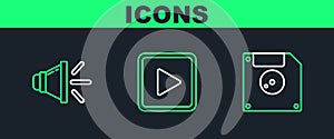 Set line Floppy disk for computer data storage, Speaker volume and Play in square icon. Vector