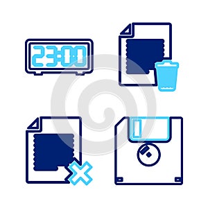 Set line Floppy disk, Delete file document, and Digital alarm clock icon. Vector