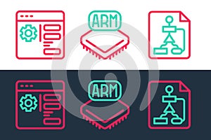 Set line Flowchart, Browser setting and Processor icon. Vector