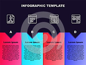 Set line Flowchart, Page with 404 error, MySQL code and Browser setting. Business infographic template. Vector