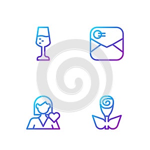 Set line Flower rose, Romantic girl, Glass of champagne and Envelope with Valentine heart. Gradient color icons. Vector