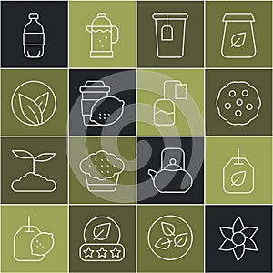 Set line Flower, Tea bag with leaf, Cookie or biscuit, Cup tea, of lemon, Bottle water and icon. Vector