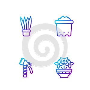 Set line Flower in vase, Water spray bottle, Plant pot and Pot with soil. Gradient color icons. Vector