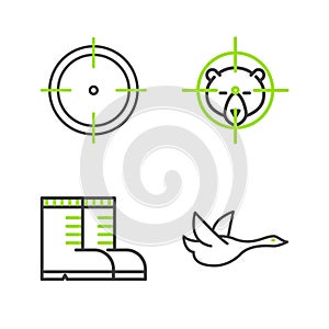 Set line Flying duck, Hunter boots, on bear with crosshairs and Target sport for shooting competition icon. Vector