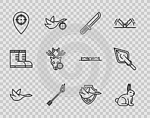 Set line Flying duck, Rabbit, Hunter knife, Flame arrow, place, on deer with crosshairs, shield and Hipster tip icon